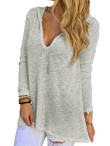 Pullover chandail manches longues gris clair V cou femme Knit Hooded Top