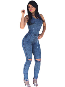 Populaire combinaison féminine sexy bleue unicolore creusé de club