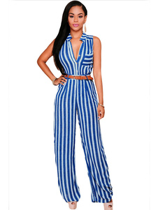 Attrayante combinaison féminine casual bleue avec rayure et boucle boîte de nuit