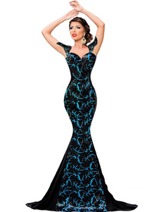 Robe longue noir en polyester impression encolure en coeur