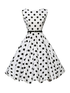 Robe subtile vintage blanche élégante longueur genou à pois col rond de fête