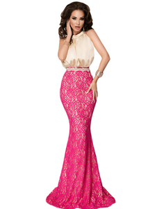 Robe longue rose en polyester bicolore à dos décolleté avec dentelle col roulé