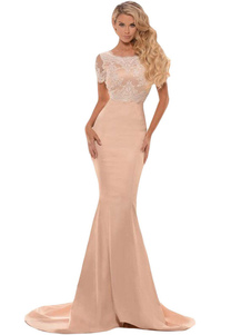 Robe longue en polyester color-block à dos décolleté avec dentelle col rond à mancherons