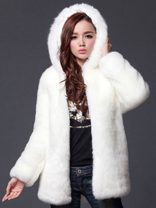Fausse fourrure manteau blanc capuche longue manche court manteau d’hiver pour femmes