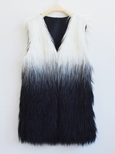 Fausse fourrure manteau bicolore V cou gilet sans manches hiver pour femmes