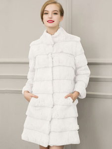 Fausse fourrure manteau blanc Stand col manches longues hiérarchisé manteau d’hiver pour femmes