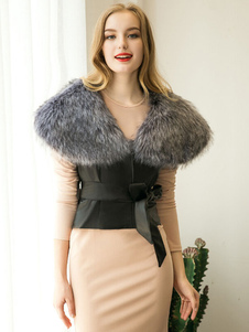 Fausse fourrure manteau gris col Turndown PU sans manches hiver gilet avec ceinture