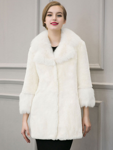 Blanc manteau fausse fourrure manteau manches longues col Turndown féminin