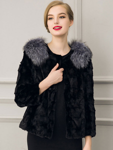 Manteau noir fausse fourrure veste manches longues agrafe Fox fourrure collier manteau des femmes d’