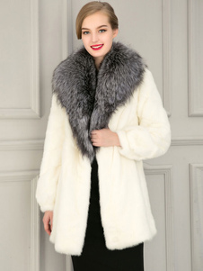 Col manches longues agrafe mi-longs hiver manteau de fourrure de renard fourrure blanche manteau fém