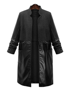 Adorable manteau noir en patchwork avec poches surdimensionné col montant