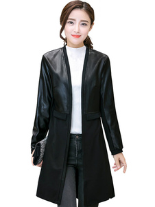 Charmant manteau en PU noir unicolore ouverture avant col V