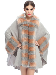 Poncho gris manteau fausse fourrure Batwing Long Sleeve coton manteau d’hiver pour femmes