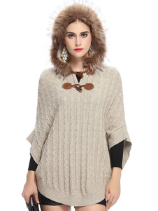 Fourrure pull Poncho kaki capuche Batwing 3/4-Length manches coton tricot de manteau pour femmes
