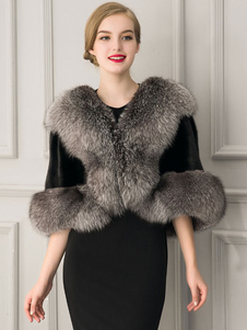 Fausse fourrure manteau V noir cou Half Sleeve manteau Cape d’hiver féminin