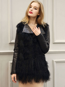 Noir PU fausse fourrure manches longues col Turndown manteau à la palangre veste féminine d’hiver