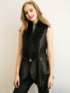 Veste sans manches noir à la palangre PU cuir fausse fourrure irrégulier des bords gilet avec dos no