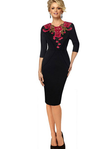 Robe Bodycon noire bijou imprimé Floral col 3/4 longueur manches robe fourreau de façonnage