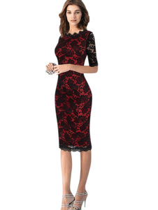 Robe en dentelle rouge embelli col Half Sleeve Slim Fit fourreau pour femmes