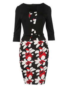 Noir Bodycon Dress V Neck demi manchon imprimé Floral Slim Fit robe fourreau