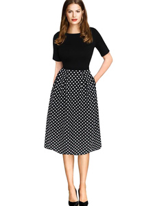Jewel manches courtes à pois Flare robe robe Vintage noir féminin