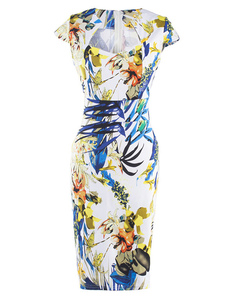 Vintage robe Queen Anne Neckline Cap manches Split couleur femmes imprimé robe crayon