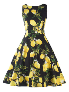 Robe Vintage noir femmes imprimé bijou cou arrondi plissé sans manches robe