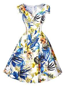 V cou Cap Sleeve robe Vintage blanche féminin imprimé Ruffle une ligne robe