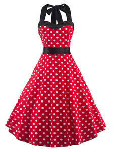 Robe Vintage rouge Halter sans manches dos nu Criss Cross Polka Dot évasée robe avec ceinture