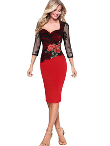 Robe Bodycon dentelle manches Sweetheart impression Floral décolleté robe fourreau femmes