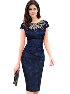 Robe Bodycon bleu profond femmes appliques façonnage robe fourreau à manches courtes