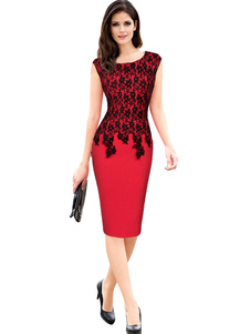 Dentelle robe Bodycon rouge manches courtes Slim Fit façonner robe fourreau