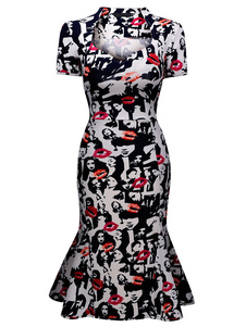 Noir Bodycon Dress Queen Anne Neckline manches courtes volants imprimés Mermaid Slim Fit robe