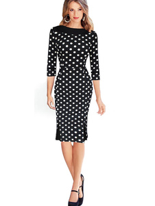 Robe Vintage noire longueur 3/4 Sleeve bijou cou Polka Dot façonnage Bodycon Dress