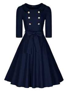 Robe Vintage Deep Blue femmes Jewel cou robe manches frottée Lace Up demi-cercle avec boutons