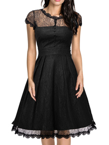 Dentelle robe Vintage casquette noire manches Découpez semi sheer volant une ligne évasée robe
