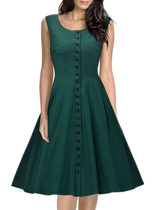Magnétique robe vintage moderne verte unicolore avec bouton et jupe parapluie encolure dégagée
