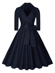 Robe Vintage à manches longues bleu profond V cou cercle robe femmes avec Bow