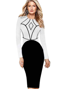 Fascinante robe bodycon en coton mélangé blanc col rond bicolore Sans ornement. moulant