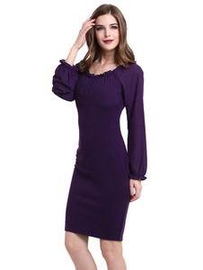 Fabuleuse robe bodycon en coton mélangé violet col rond unicolore à volants plissé