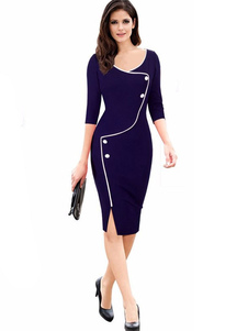 Fascinante robe bodycon en coton mélangé bleu col V color-block avec passepoil moulant