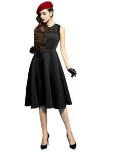 Magnétique robe vintage noire moderne unicolore avec dentelle col rond et jupe parapluie de fêtes