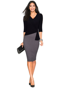 Robe Bodycon deux tons 3/4 longueur manches V cou femme façonnage robe fourreau