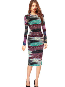 Bodycon de la femme manches longues robe imprimé robe fourreau col rond