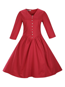 Robe Vintage rouge Half Sleeve V Neck Slim Fit une robe de ligne avec boutons plissée