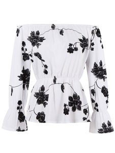 Blouse belle moderne en coton mélangé blanc impression imprimé fleuri pendentif fleur