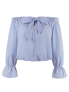 Blouse femme moderne en coton mélangé bleu clair avec rayure et noeud noeud papillion