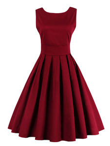 Éblouissante robe vintage bordeaux moderne unicolore avec zip col rond de fêtes