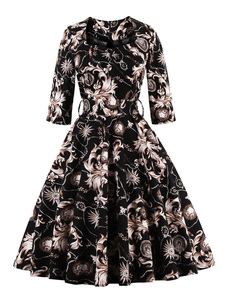 Populaire robe vintage noire moderne impression col carré de fêtes