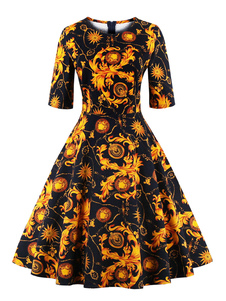 Fascinante robe vintage moderne or impression plissée col rond